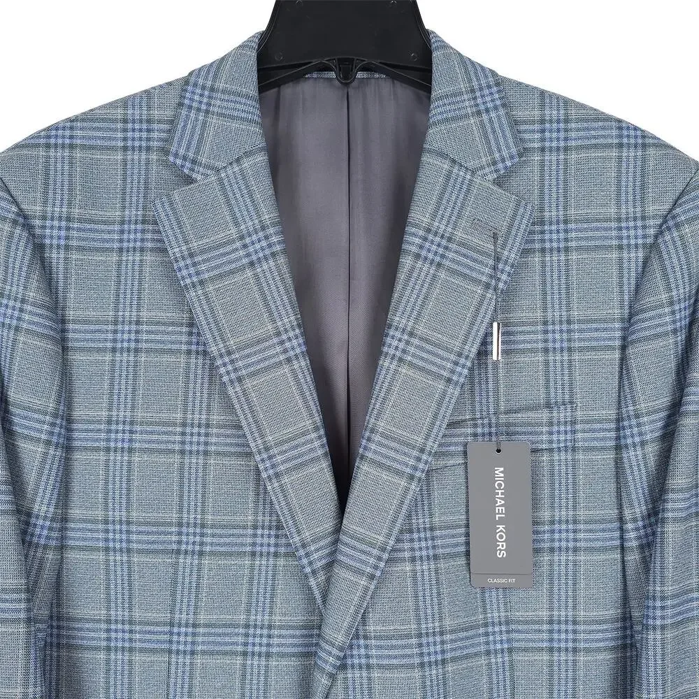 Michael Kors Mens Classic Fit Sport Coat 42L Blue Green Seafoam Plaid Stretch